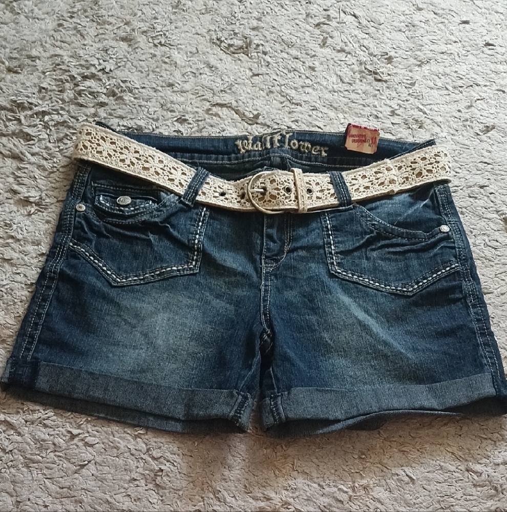 Wallflower Dark Blue Jean Shorts with Cream Lace Belt